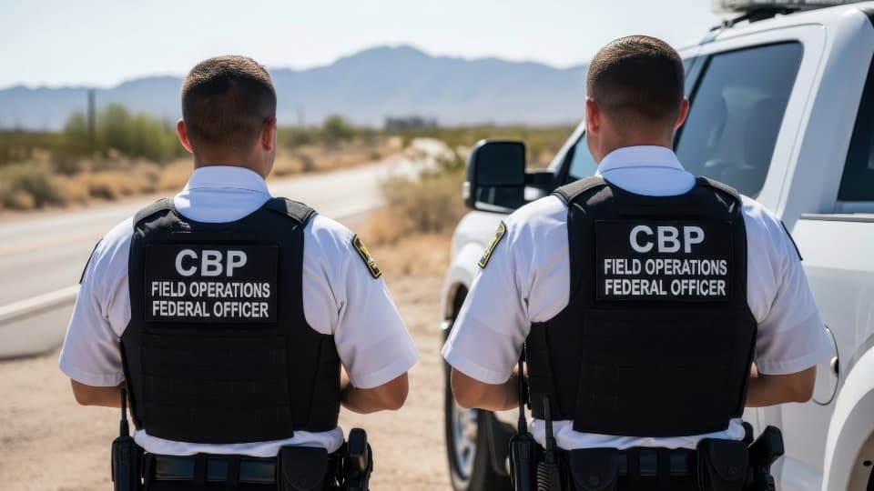 U.S. border officers reviewing entry documents – essential security step for your visa when moving to the USA.