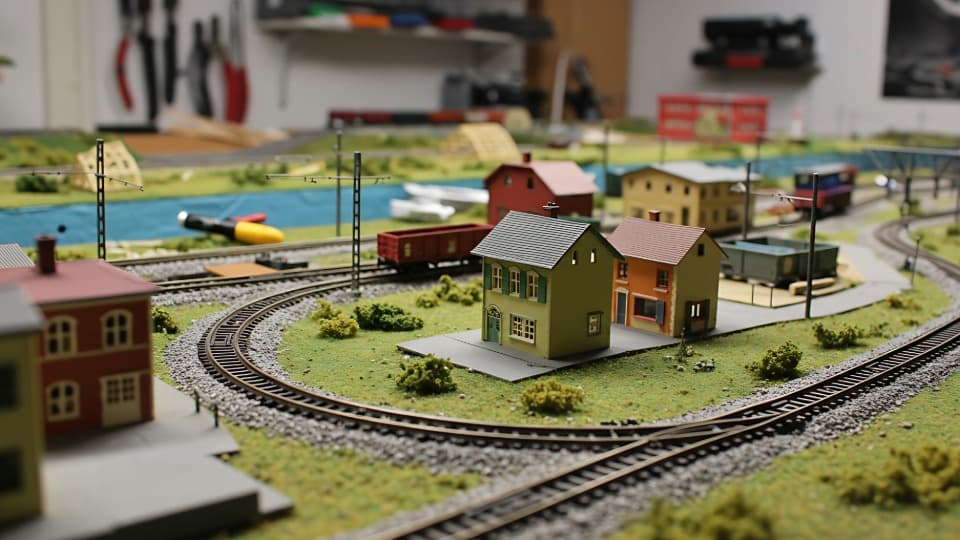 Eine Modelleisenbahnanlage mit Oberleitungsmasten in einer Werkstatt während der Vorbereitung der Transportfähigkeit für den Umzug mit DACHSER & KOLB.
