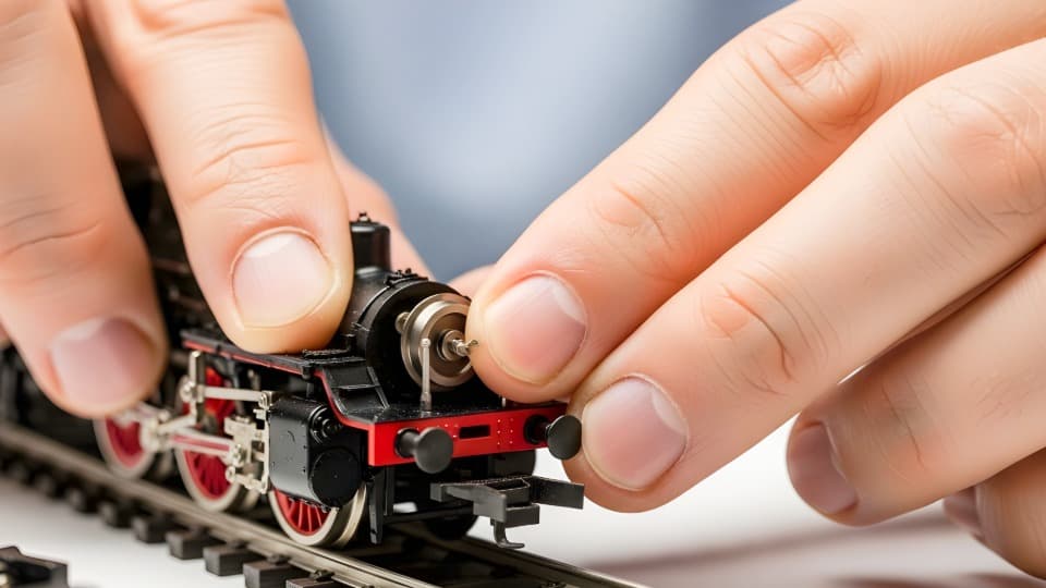 Hände prüfen vorsichtig die feinen Details einer Modelleisenbahn-Dampflokomotive vor der Umzugsanfrage bei DACHSER & KOLB.