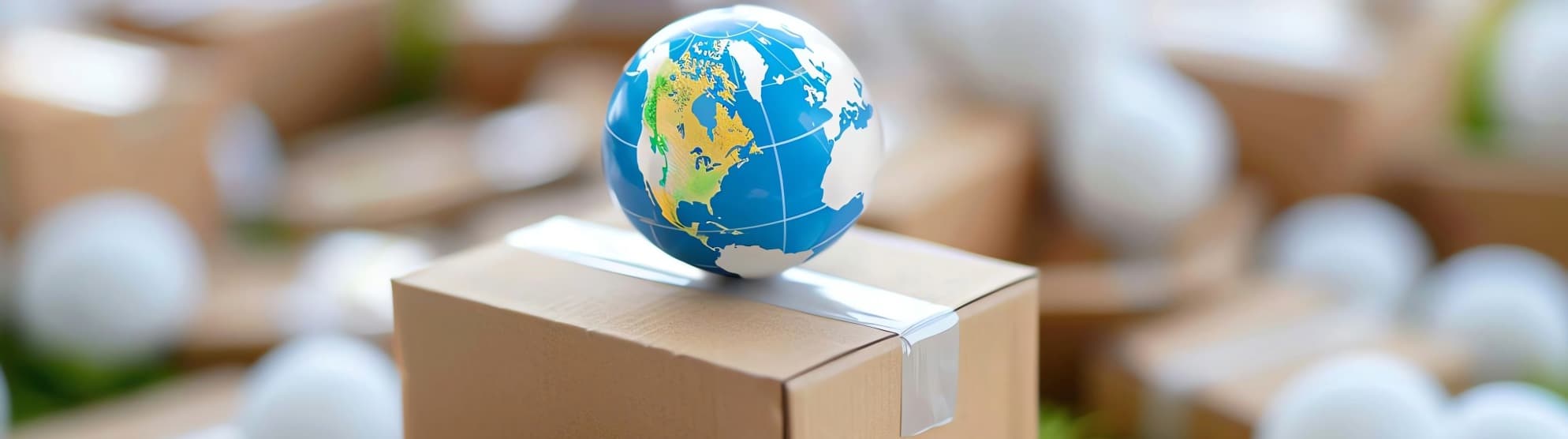 Relocation service for expats by DACHSER & KOLB – A small globe stands on a sealed moving box for an international overseas move.