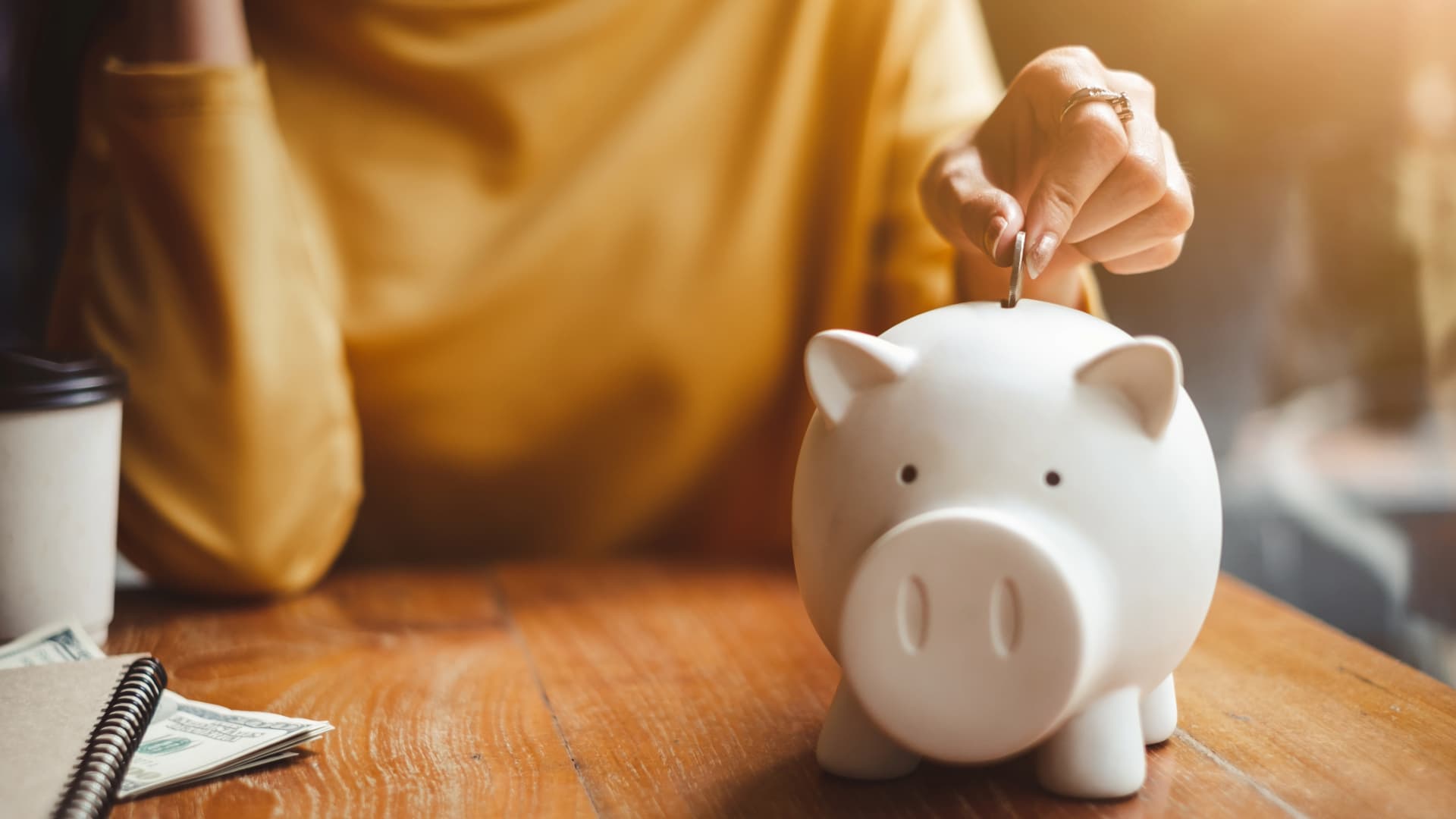 Hand putting coin into piggy bank. Symbolizes saving and flexible financing for moving with installment payments.