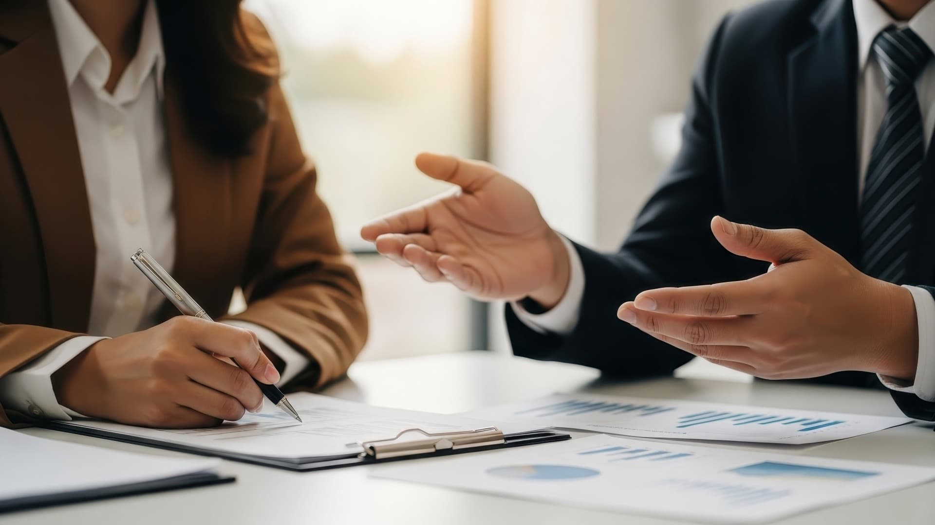 Consultation: two people discuss moving plan and carrying distance using documents at a desk.