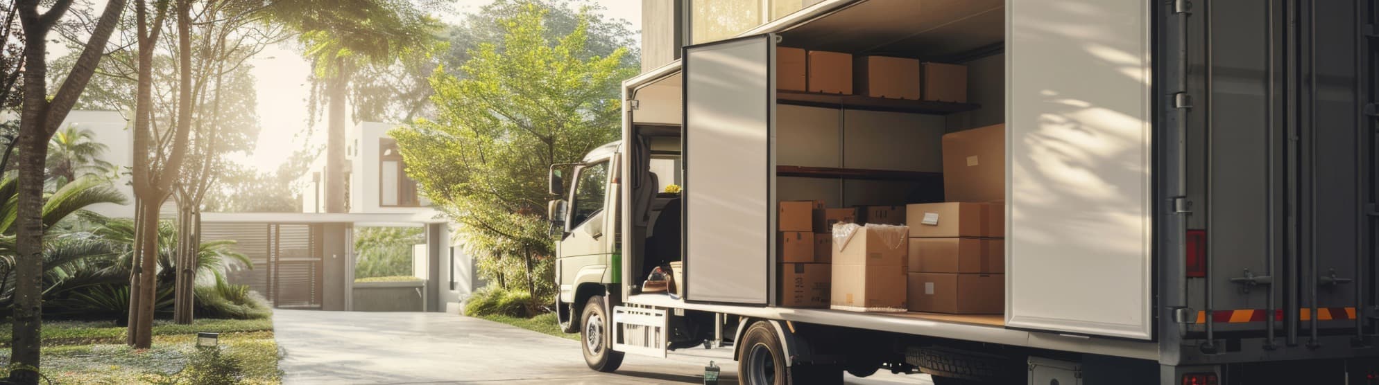 Moving truck with boxes in driveway to the house – short carrying distance from truck to entrance.