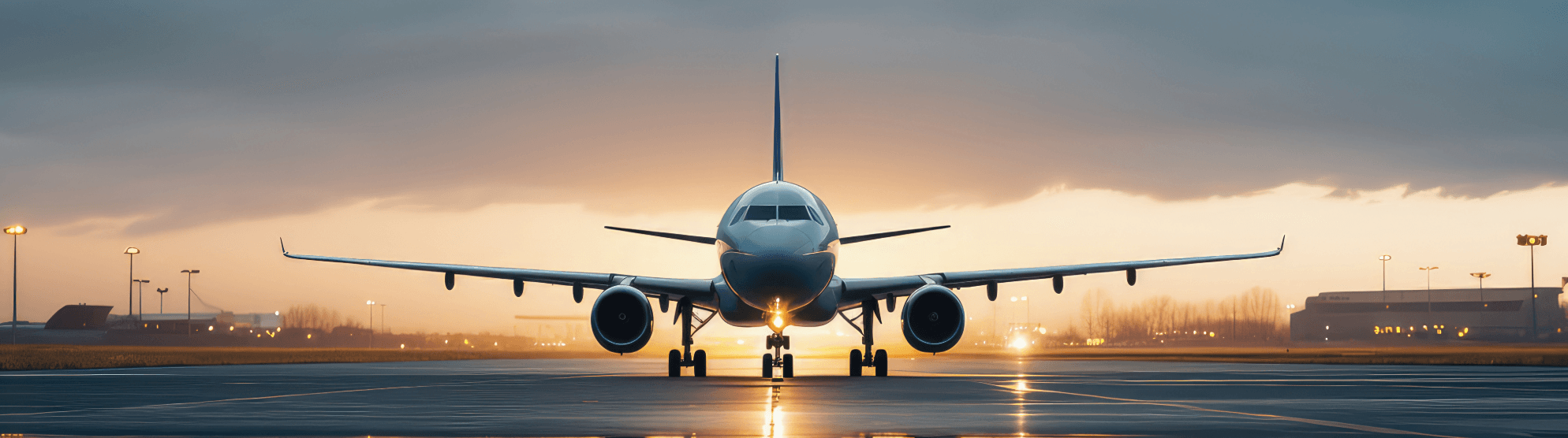 Frontansicht eines Passagierflugzeugs auf der Startbahn bei Sonnenuntergang, bereit zum Abflug (AOD).