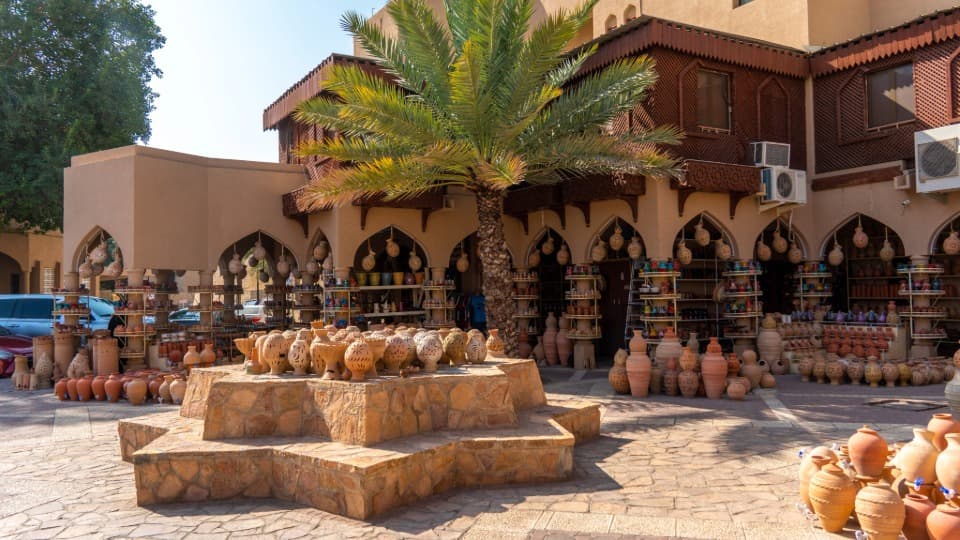 A marketplace in Oman where pottery is on display
