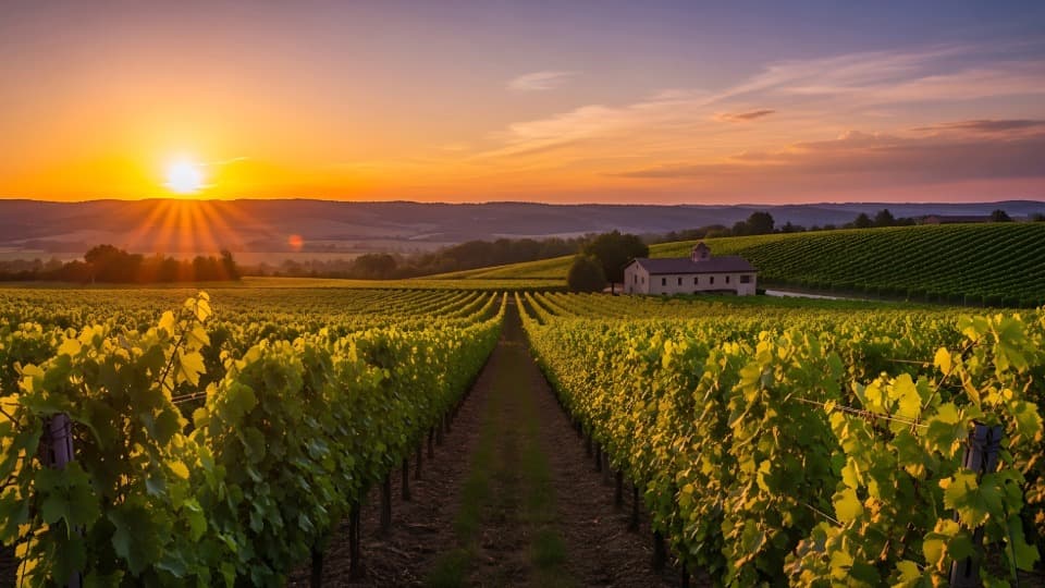 Sonnenuntergang über Weinbergen und hügeliger Landschaft mit kleinem Haus