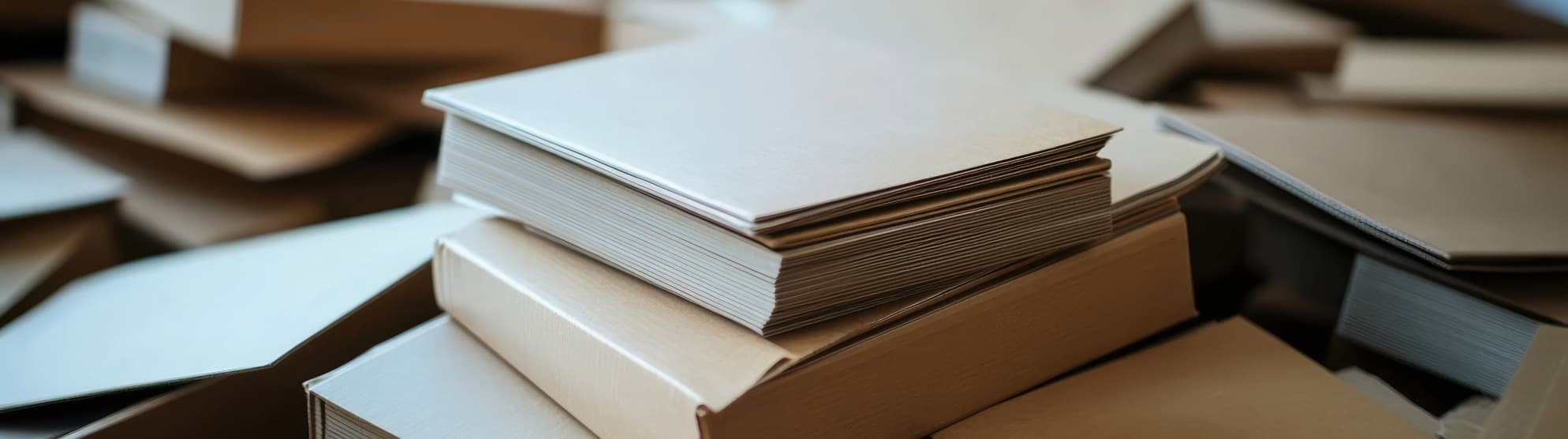 Gestapelte Bücher vor Umzugskartons – sicher verpackt im Bücherkarton