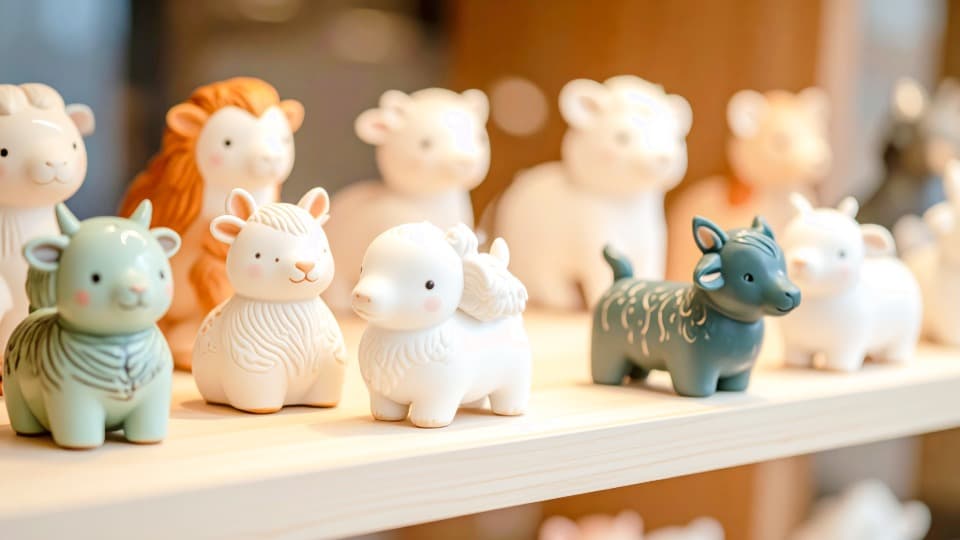 Kleine, niedliche Tierfiguren aus Keramik auf einem hellen Holzregal vor dem materialschonenden Umzug mit DACHSER & KOLB.