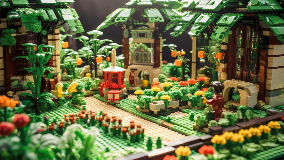 Ein detailreiches Klemmbaustein-Diorama mit filigranen Bäumen, Pflanzen und Minifiguren vor dem geschützten Umzugstransport durch DACHSER & KOLB.