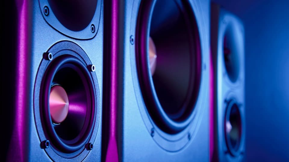 Mehrere hochwertige HiFi-Lautsprecher mit empfindlichen Membranen im violetten Neonlicht vor dem sicheren Umzugstransport durch DACHSER & KOLB.