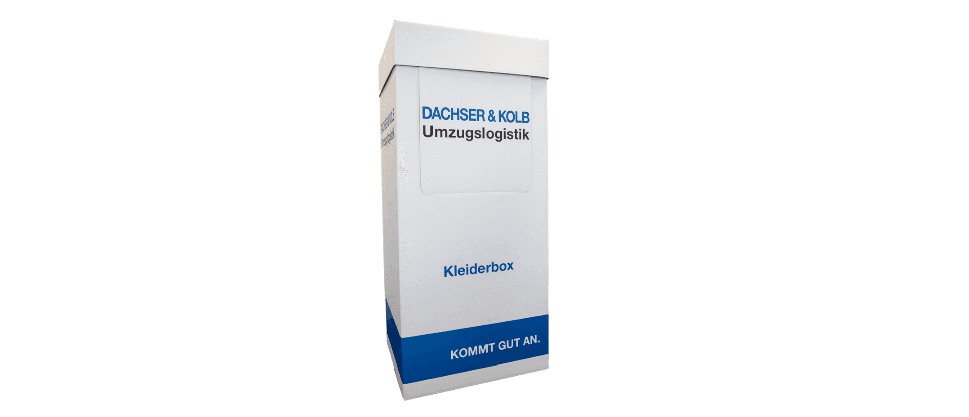 Weiße Kleiderkiste von DACHSER & KOLB für den Umzug – ideal zum Transport hängender Kleidung.