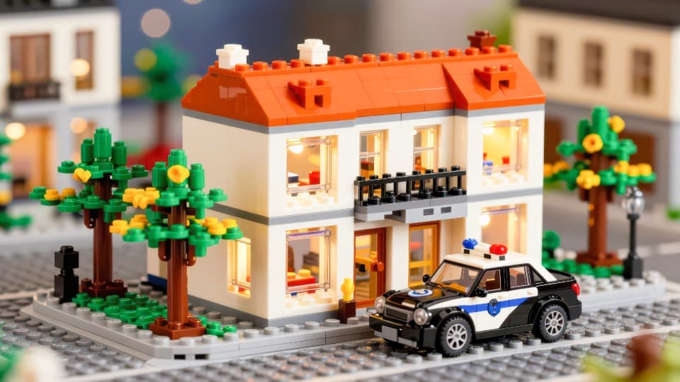 Ein Klemmbaustein-Gebäude mit Beleuchtung, Bäumen und einem Polizeiauto vor der Sicherung loser Bauteile für den Umzug mit DACHSER & KOLB.