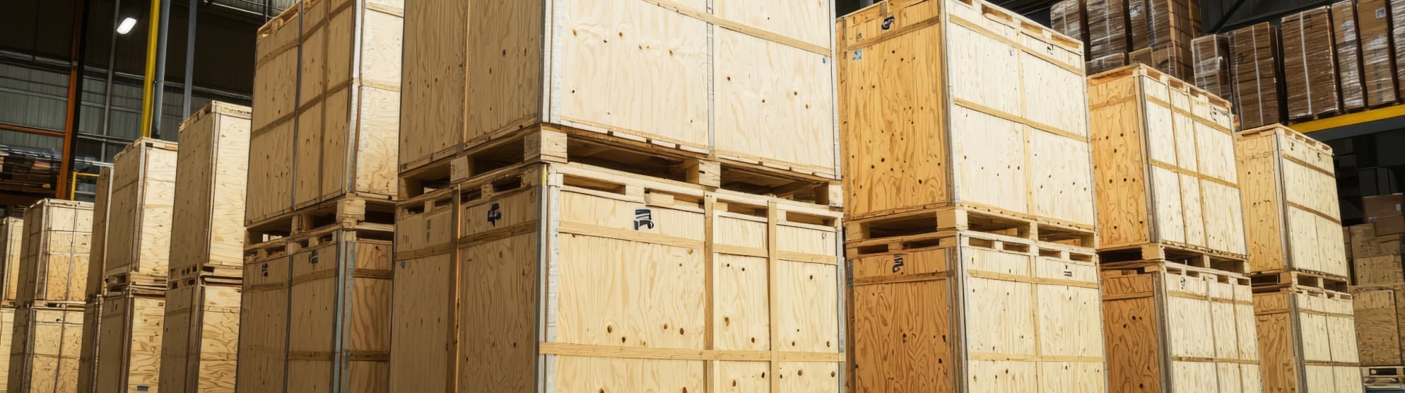 Gestapelte Liftvan-Holzkisten im Lager – stabile Transportkisten für internationalen Umzug