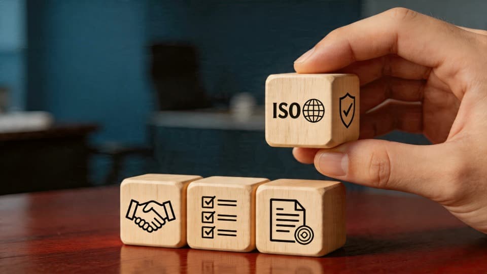 A hand places a wooden block with ISO certification and a protective shield on cubes with symbols for contracts and compliance in logistics risk management.