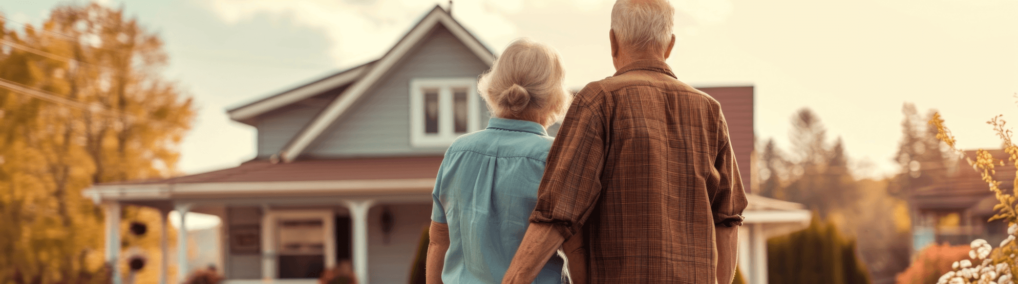 Senior couple in front of upscale residence – comfortable and secure senior relocation to premium housing