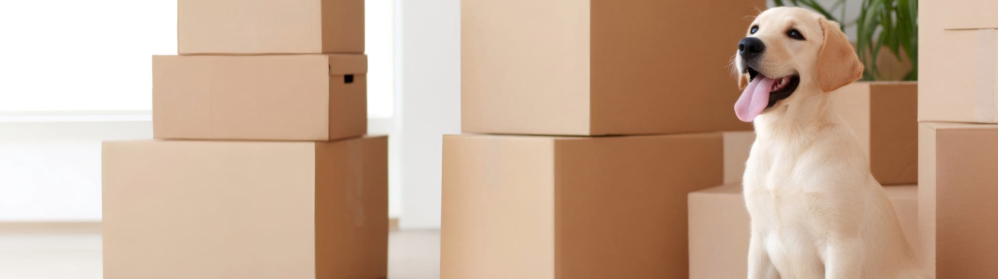 Young dog sitting among moving boxes in a home, symbolic image for pet relocation