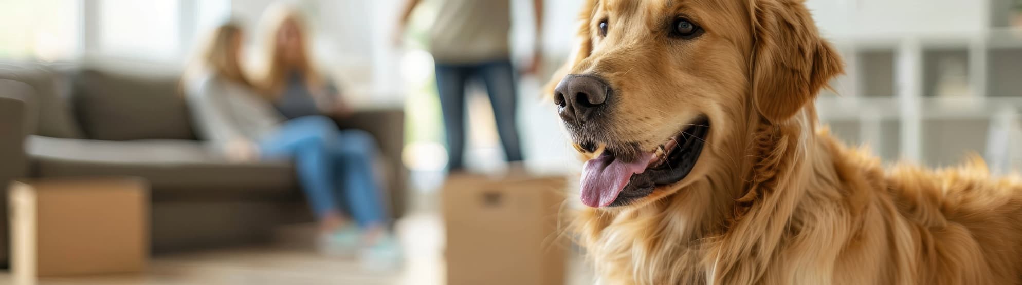 Golden Retriever in Wohnung mit Umzugskartons – Umzug mit Tieren nach China