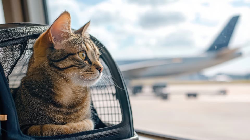Cat in a travel carrier at the airport in front of an airplane – symbolizing safe pet relocation to Norway.