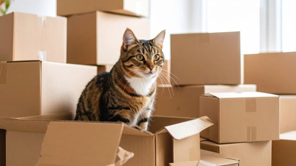 A cat sits in a cardboard box, surrounded by other moving boxes.