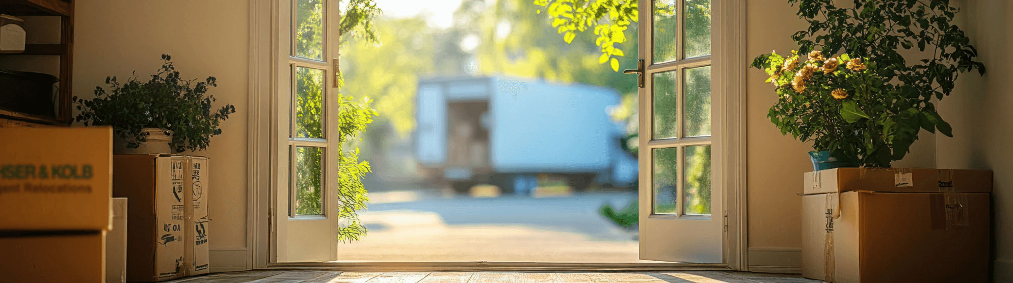 Open door with moving boxes and moving truck outside – symbolic image for a smooth relocation