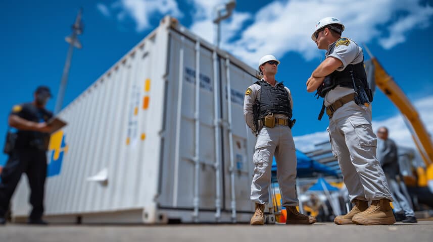 Zollbeamte prüfen Container im Hafen bei der Umzug Zollabwicklung