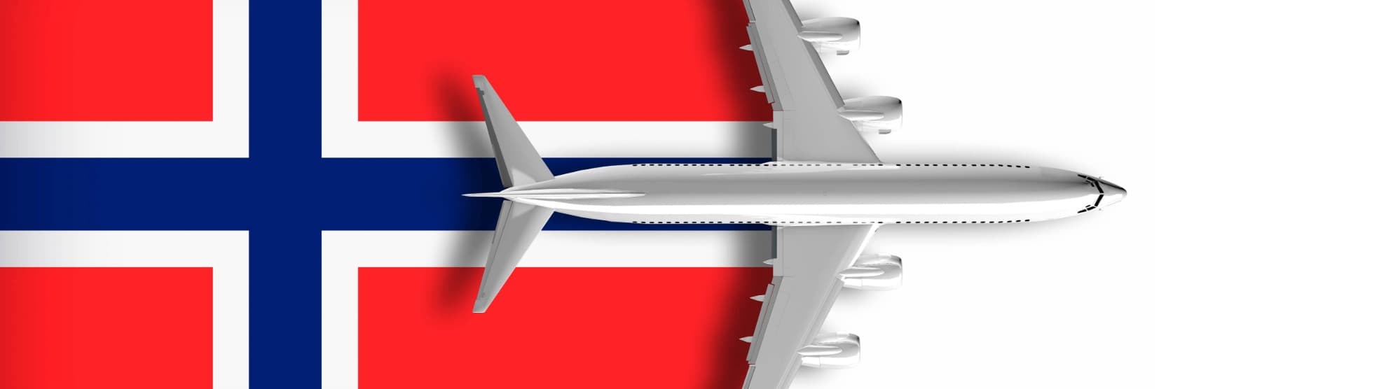 Top-view airplane over the Norwegian flag, symbolic image for travel to Norway