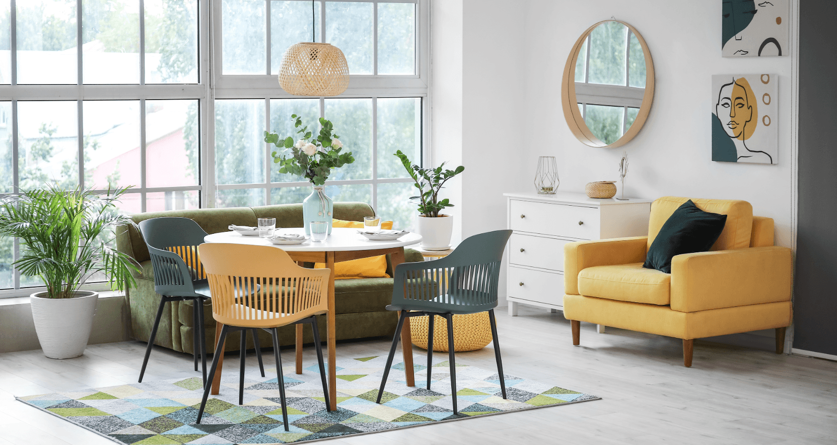 Stylish living room with modern art and decor – accessible urban living trends in city apartments