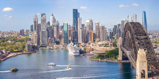 Panorama der Skyline von Sydney mit Opernhaus und Harbour Bridge für den Überseeumzug nach Australien mit DACHSER & KOLB.
