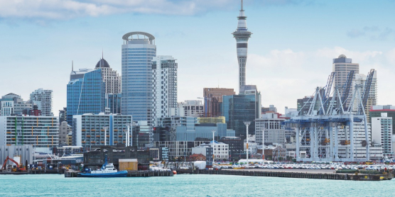 Panorama der Skyline von Auckland mit dem Sky Tower und dem Hafen für den sicheren Überseeumzug nach Neuseeland mit DACHSER & KOLB.