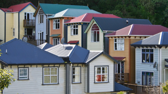 Typical colorful wooden houses on a hillside in Wellington as the destination for emigrating to New Zealand with DACHSER & KOLB.