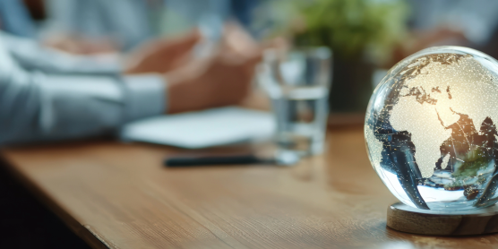 Glaskugel in Form der Weltkugel auf einem Konferenztisch, symbolisiert den Relocation Service für Expats.