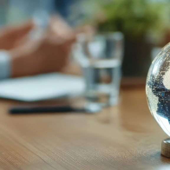 Glaskugel in Form der Weltkugel auf einem Konferenztisch, symbolisiert den Relocation Service für Expats.