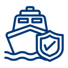 Icon: Schiff mit Prüfschild – individuell zugeschnittene Transportversicherung ermitteln