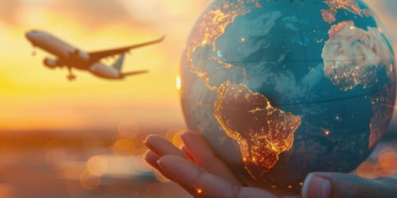 Flugzeug und leuchtende Weltkugel im Sonnenuntergang – Symbolbild für die beliebtesten Auswanderziele