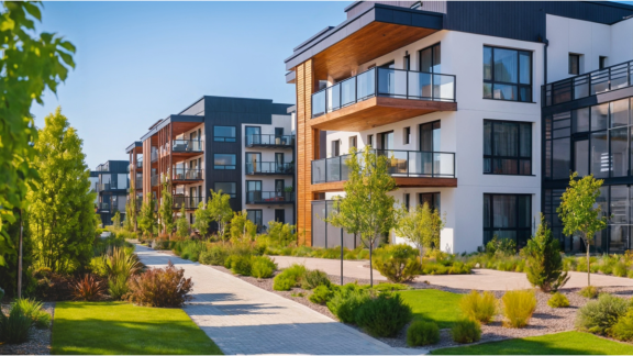 Moderne Mehrfamilienhäuser mit Grünanlage; Symbol für Mietpreisentwicklung in Deutschland.