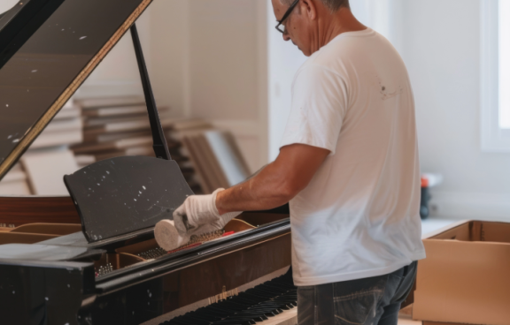 Fachkraft beim sicheren Verpacken eines Flügels – professioneller Klaviertransport & Flügelumzug