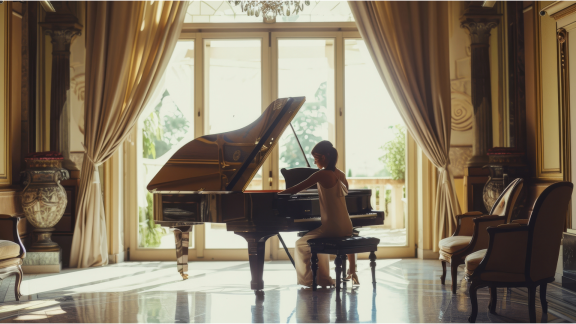 Frau spielt Flügel in luxuriösem Raum – sicherer Klaviertransport & Flügelumzug für hochwertige Instrumente