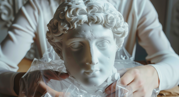 Büste wird sorgsam verpackt – Symbolbild für „Antiquitäten und Kunst sicher transportieren