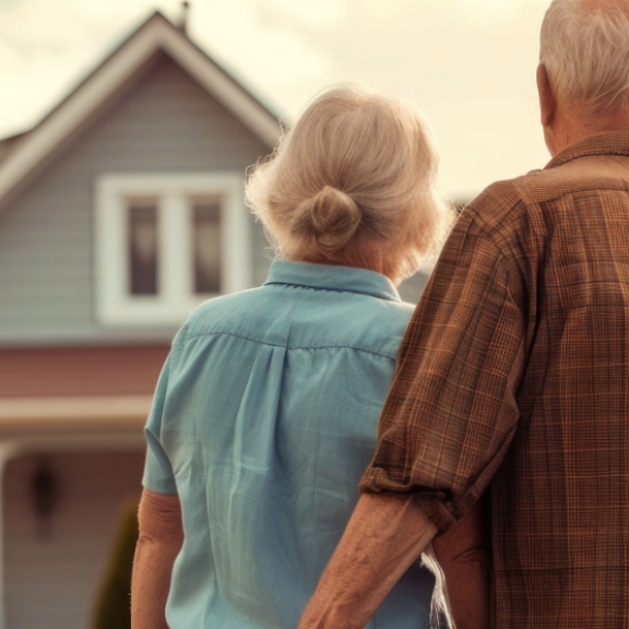 Seniorenpaar vor neuer Wohnresidenz – komfortabler und sicherer Seniorenumzug in gehobene Wohnresidenzen