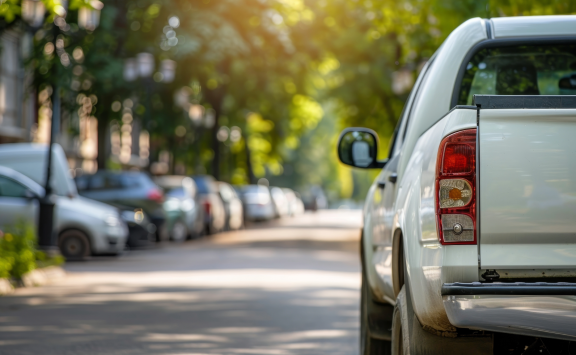 Geparktes Fahrzeug in enger Stadtstraße – typische Herausforderung bei barrierefreien Umzügen in Metropolen