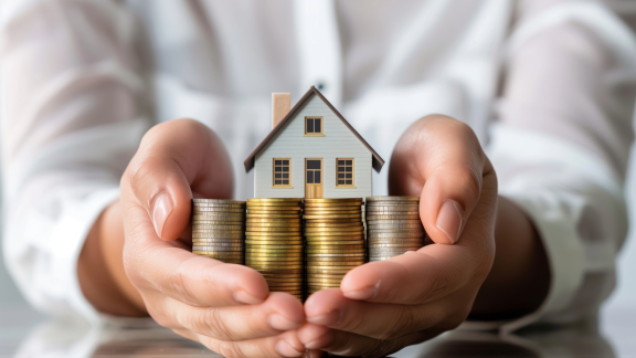 Hände halten Münzstapel mit Miniaturhaus – Symbol für finanzielle Sicherheit und Versicherungsoptionen beim Umzug.