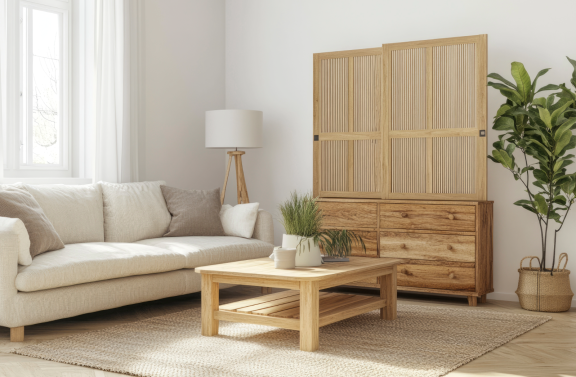 Helles, platzsparend eingerichtetes Wohnzimmer – Beispiel für Einrichtung nach Umzug in eine kleinere Wohnung.