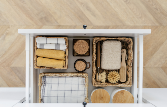 Organisierte Schublade mit Körben und Haushaltsartikeln – platzsparende Tipps für den Umzug in eine kleinere Wohnung