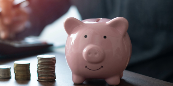 Sparschwein und Münzstapel als Symbol für Spartipps beim Umzug