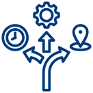 Icon mit Pfeilen, Uhr, Zahnrad und Standortmarkierung als Symbol für Flexibilität