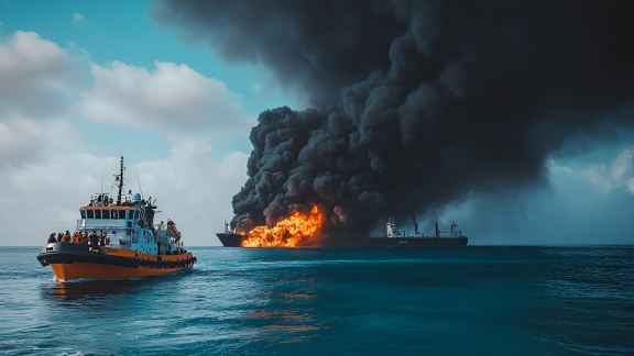 Havarie beim Seetransport: Brennendes Schiff auf See, beobachtet von einem Rettungsboot mit Menschen.
