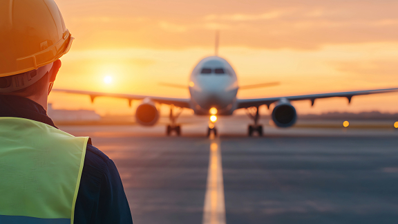 Flughafenmitarbeiter beobachtet Flugzeug auf Rollfeld bei Sonnenuntergang; wichtig für reibungslose Air-Waybill (AWB) Abwicklung in Luftfracht.