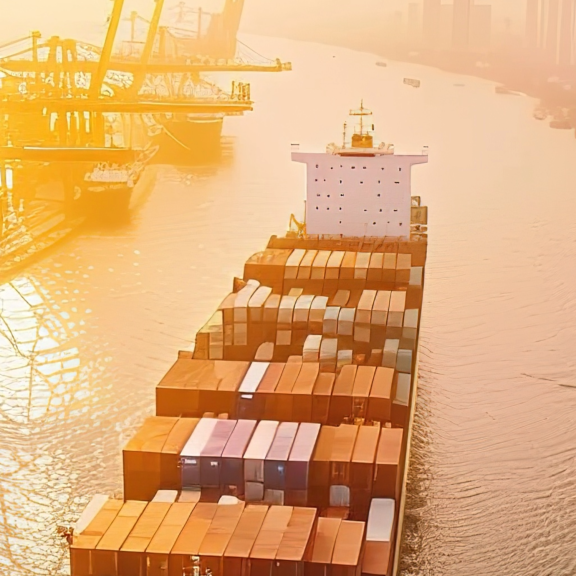 Containerschiff einer Reederei navigiert durch einen Hafenkanal mit Kranen und Stadt im Hintergrund.