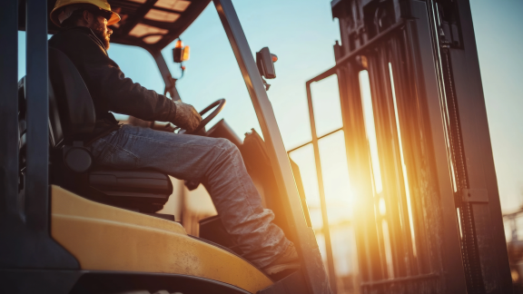 Gabelstaplerfahrer bei der Arbeit; könnte im Shuttle-Service für Material bei Umzügen eingesetzt werden.