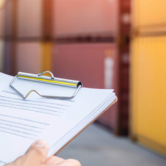 LKW-Fahrer mit Frachtbrief (Bill of Lading) prüft Container im Hafen. Logistik und Transport.